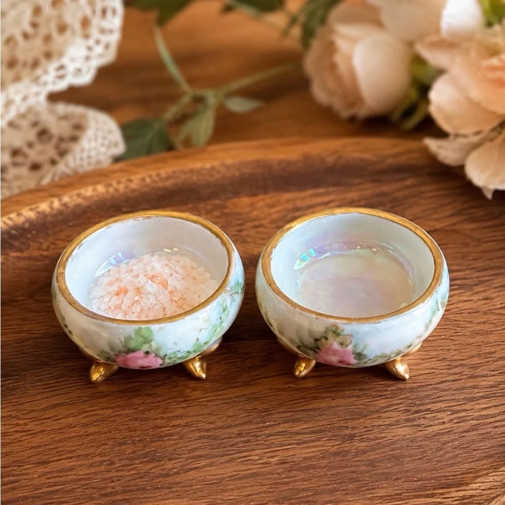Vintage Bavaria Porcelain Salt Cellars Floral Gold Feet Pair Rose